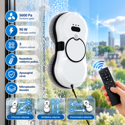 Automatinis langų valymo robotas su nuotolinio valdymo pultu 5600 Pa, 90 W Visos Prekės, 🌿 Poilsis kieme 🪟 Automatinis langų val
