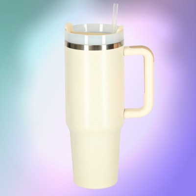 Termo puodelis su šiaudeliu ir rankenėle termosas 1200ml kreminės spalvos