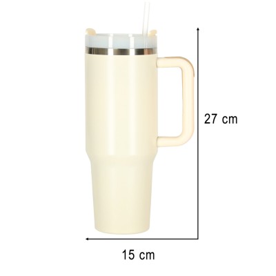 Termo puodelis su šiaudeliu ir rankenėle termosas 1200ml kreminės spalvos
