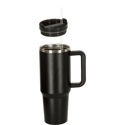 Termo puodelis su šiaudeliu ir rankenėle termosas 1200ml juodas