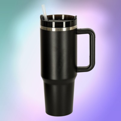 Termo puodelis su šiaudeliu ir rankenėle termosas 1200ml juodas