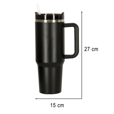 Termo puodelis su šiaudeliu ir rankenėle termosas 1200ml juodas